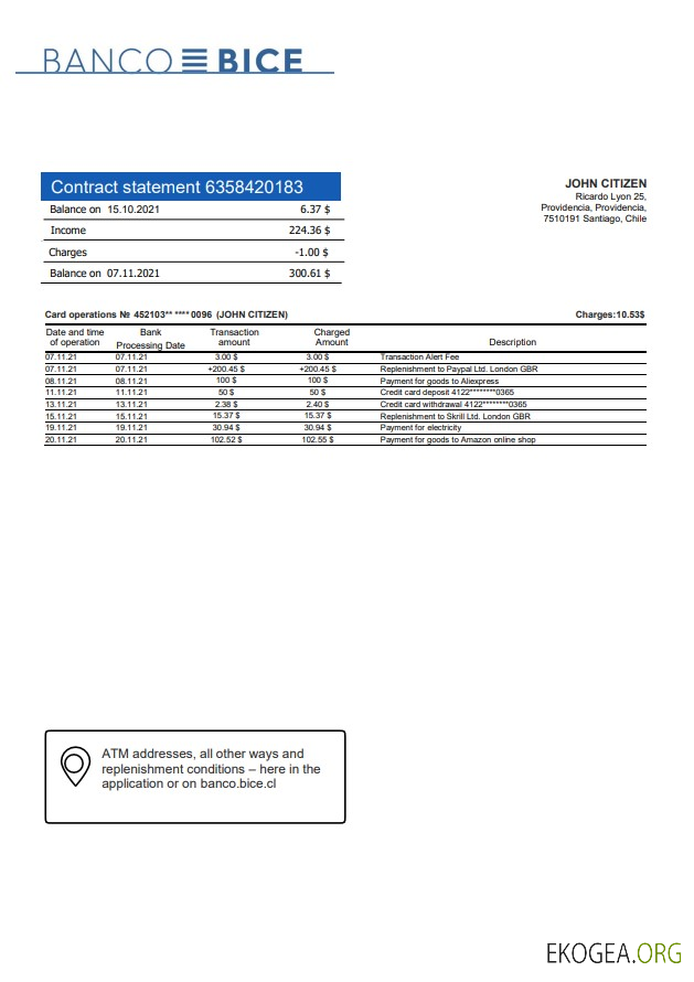 Relevé bancaire de la Banco Bice au Chili